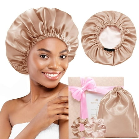 Silk Satin Bonnet Double Layer Reversible Elastic with 2 Scrunchies & 1 Satin Bag Champagne Jade