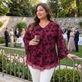 thumbnail image 2 of GRACE & GRANDEUR Women's Plus Size V Neck Mesh Blouse Flowy Double Layer 3/4 Sleeve Tunic Top 3X Burgundy, 2 of 8