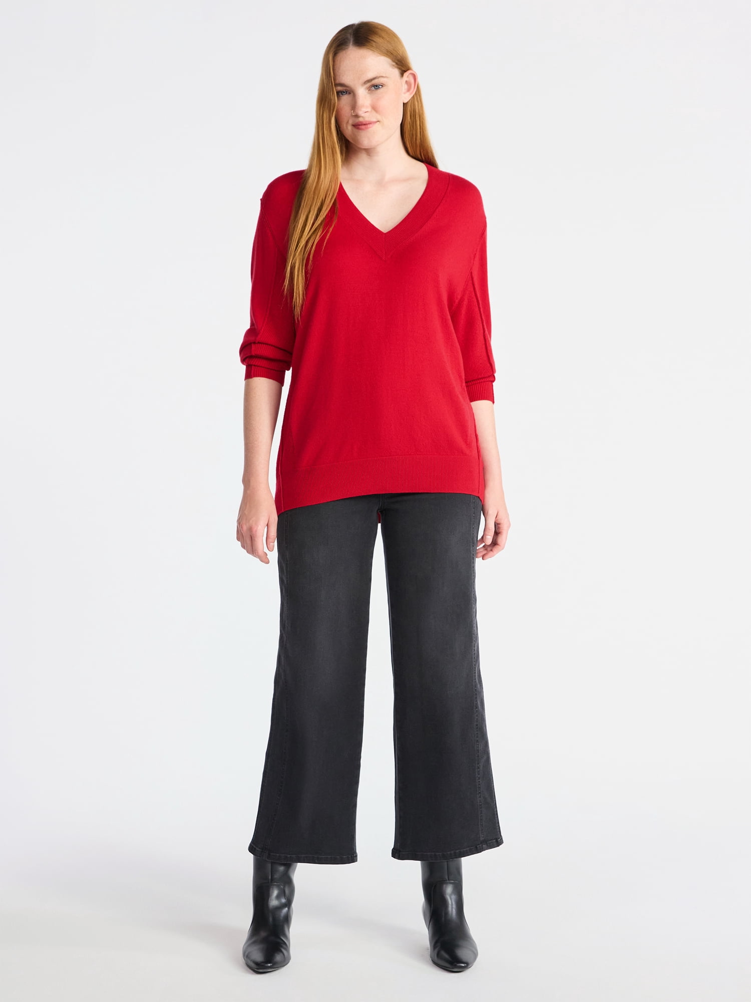 Time and Tru Women's Ribbed Panel V-Neck Sweater with Long Sleeves, Midweight, Sizes XS-XXXL