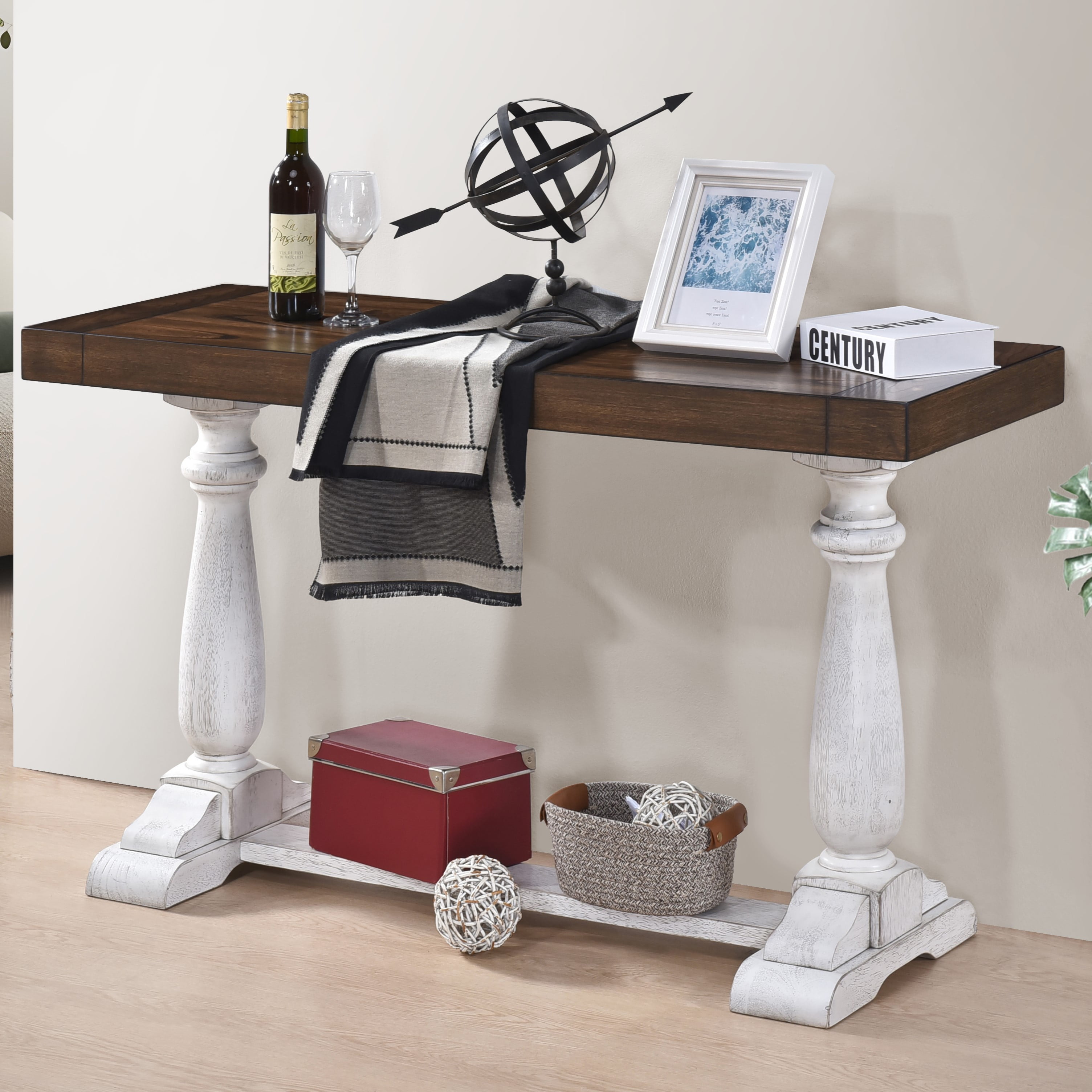 Lisonu Farmhouse Console Table with Storage Shelf, 50.2 Inch Solid Wood Sofa Table with Pedestal Legs, Entryway Table for Living Room, Antique White & Dark Oak