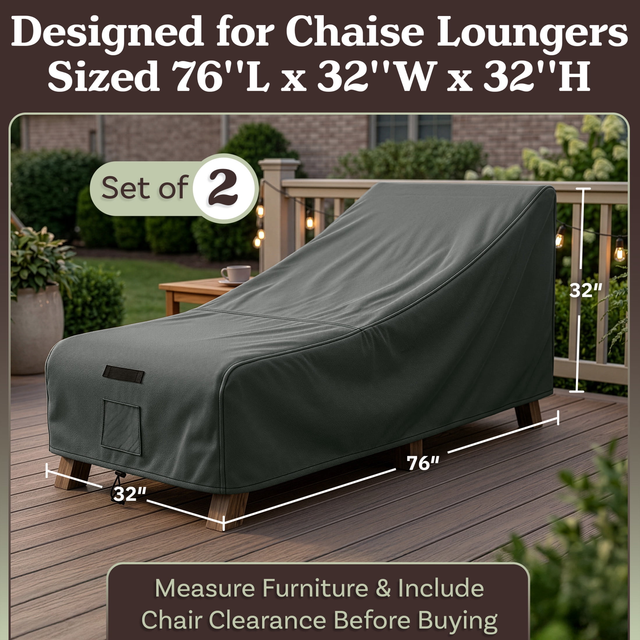 Pure Garden 76x32x32in Waterproof Outdoor Chaise Lounge Cover 2-Pack, Gray