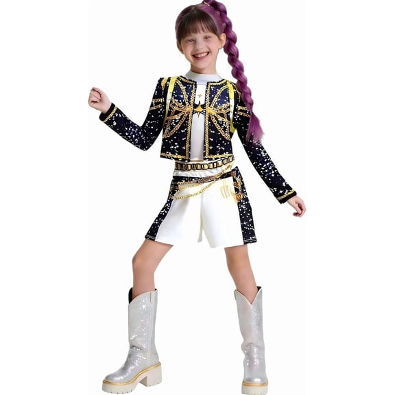 Guvpev Halloween Costume for Ki'ds, Girls Pop Idol Singer Stage Performance Outfit with Black Top T-Shirt Shorts Set, Popular Singer Group Fancy Dress for Halloween Cosplay & Dress Up Party
