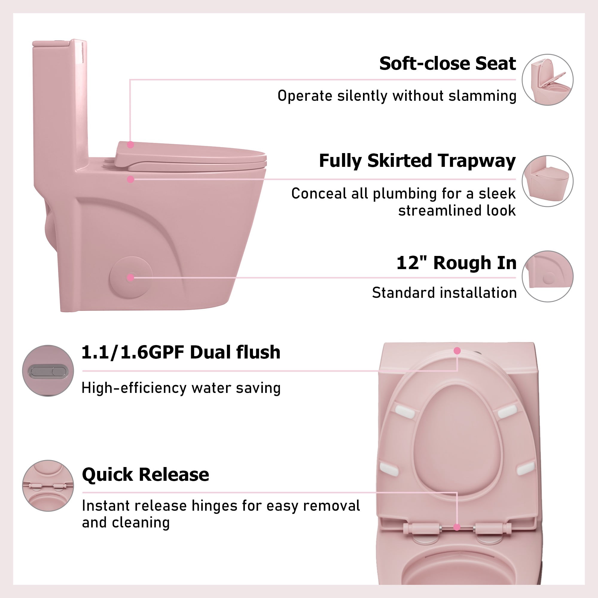 1.1/1.60 GPF Dual-Flush One Piece Toilet, Water-Saving Elongated Comfort Height Floor Mounted, Soft Close Seat,Rose