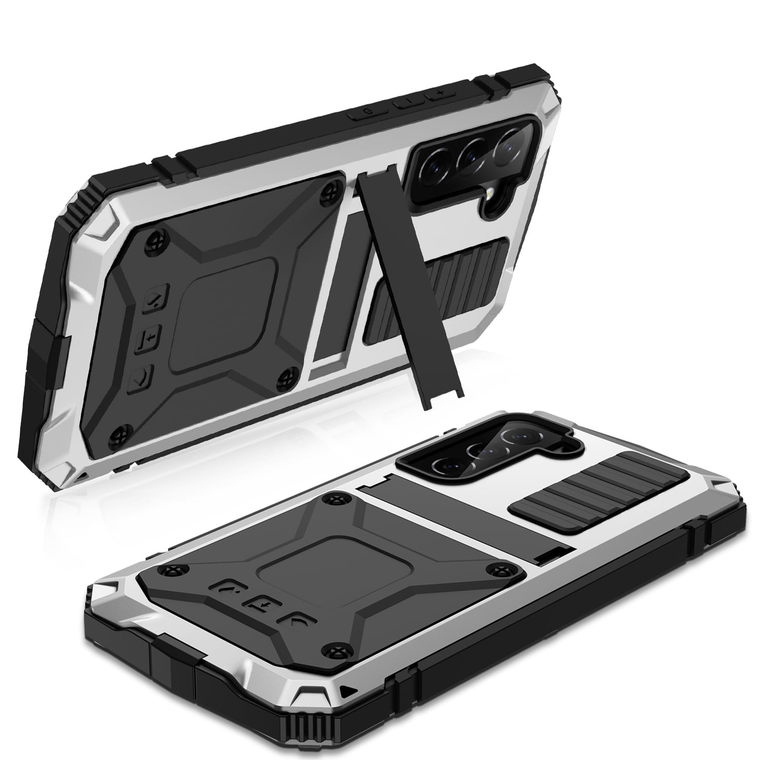 Samsung S21 FE Rugged Full-Body Case, Metal Bumper Built-in Screen Protector&Kickstand,Dustproof Drop-Proof,Full Body Protection Heavy Duty Rugged Military Cover For Samsung Galaxy S21 FE, Silver