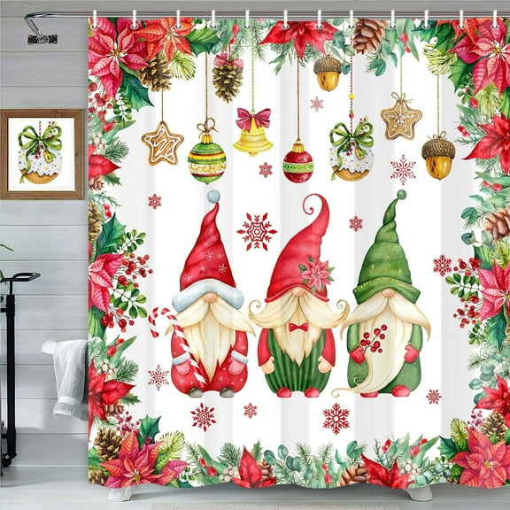 Merry Christmas Gnomes Shower Curtain, Winter Watercolor Flowers Pine Leaves Ball Holiday Decor Bathroom Curtain, Xmas Snowflake Accessories Set Curtains with Hooks, 69X72in