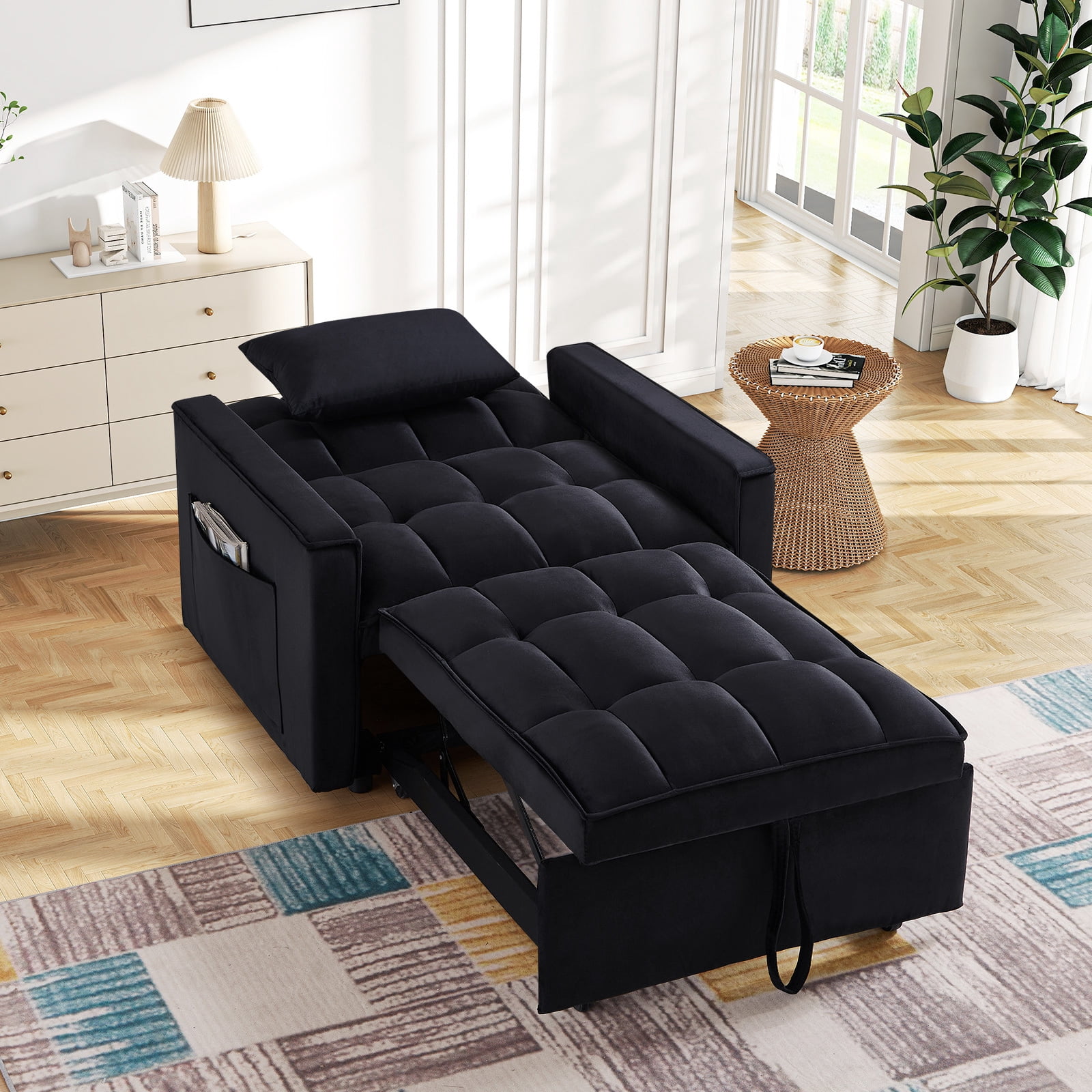 Lunale 4-in-1 Convertible Sleeper Sofa Chair Bed for Adult, Lounge Chair Indoor, Modern Single Couch for Living Room, Small Spaces, Black Velvet