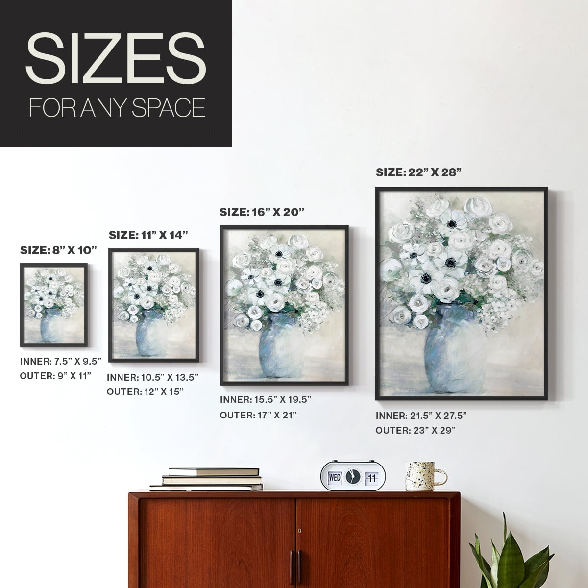 White Anemone Bouquet Framed Print in Black Solid Wood 8 x 10 Framed Print