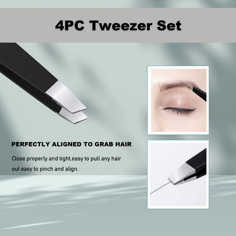 YIYI Guo Tweezer Set,Ingrown Hair Eyebrow Tweezers for Women Men, Santed Stainless Steel Tweezers Set Precision 4pcs with Leather Package,Black
