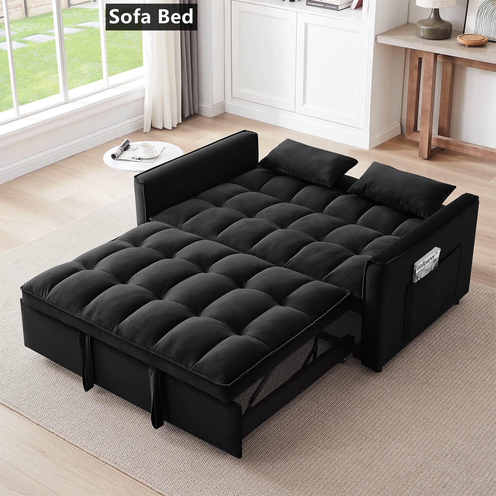 Aukfa 54" Chaise Futon Convertible Loveseat Sleeper Sofa, 2Pillows, Full Size, Velvet, Black
