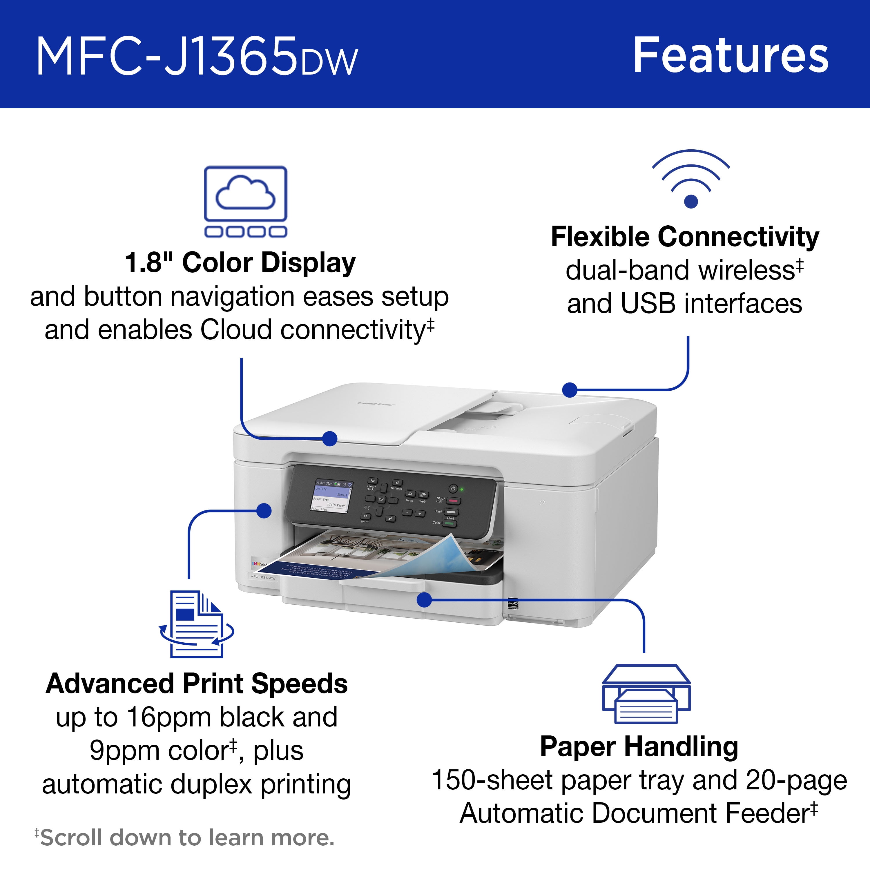 Brother INKvestment 1365 MFC-J1365DW Wireless Color Inkjet All-in-One Printer with Automatic Duplex Printing and 1.8” Color Display