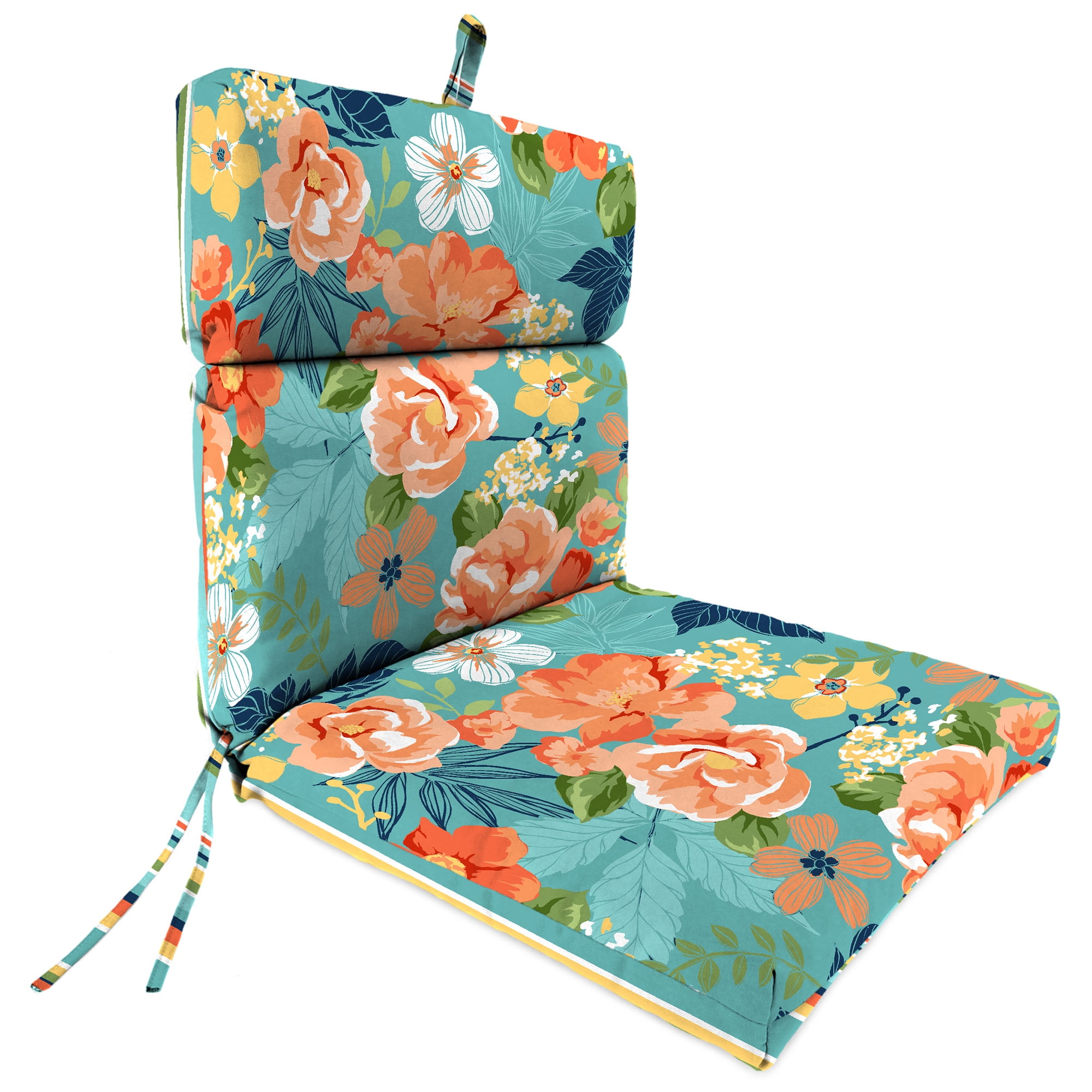 Jordan Manufacturing 44" x 22" Mamba Pelican Turquoise Stripe and Senorita Pelican Turquoise Floral Reversible Rectangular Outdoor Chair Cushion with Ties and Hanger Loop