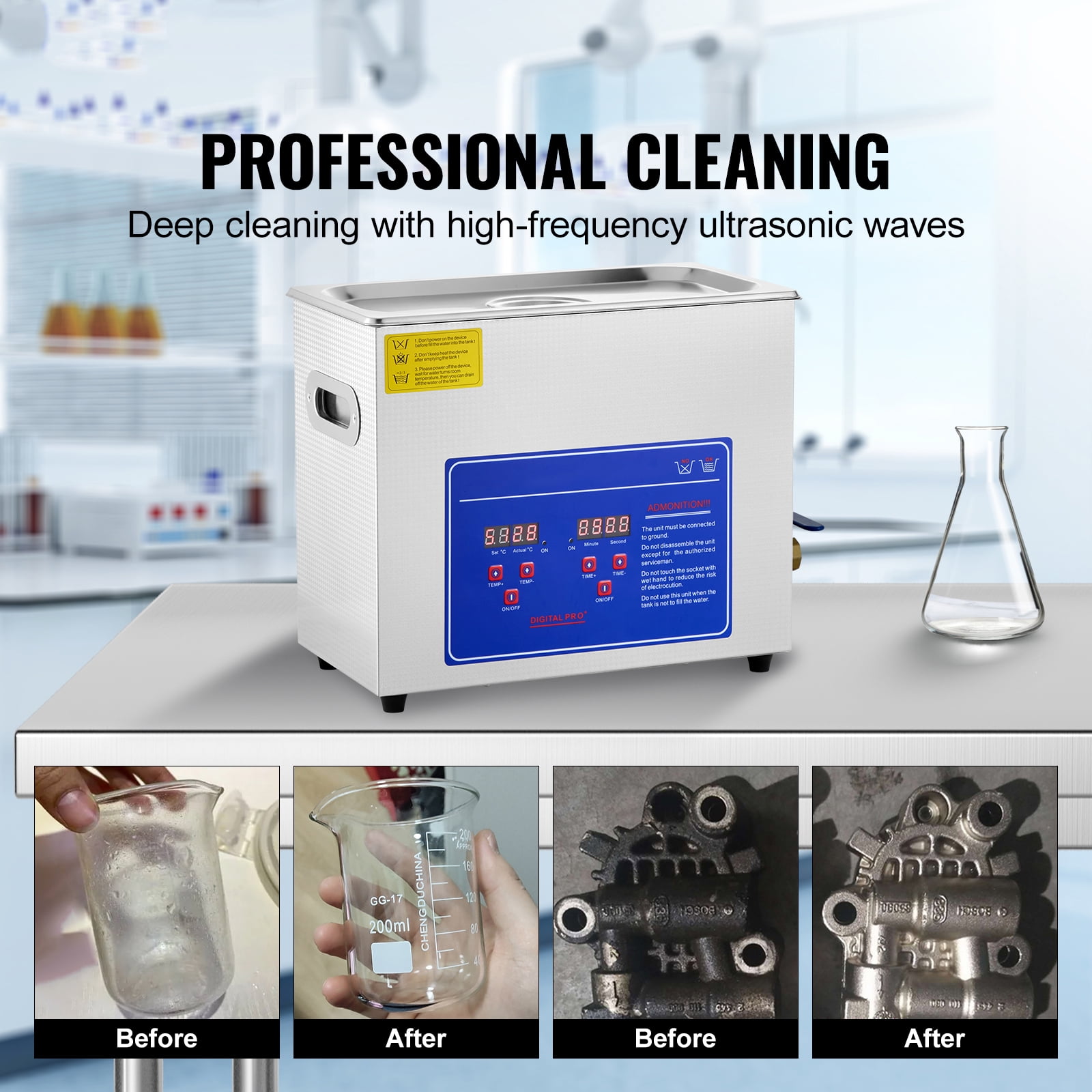 Digital Timer & Heater Equipped Ultrasonic Cleaner, KFFKFF Ultra Sonic Professional Jewelry Cleaning Device, Stainless Steel Warming Cleaner for Rings, Small Components, Circuit Board (6L)