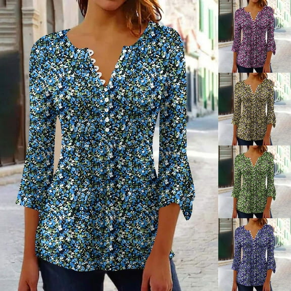 CYMMPU Summer Trendy Shirts 3/4 Sleeve T-Shirts Spring Tops Loose Fit Floral Pattern Blouses for Women Dressy Casual Button V Neck Flare Sleeve Empire Waist A Line T-Shirts XXL