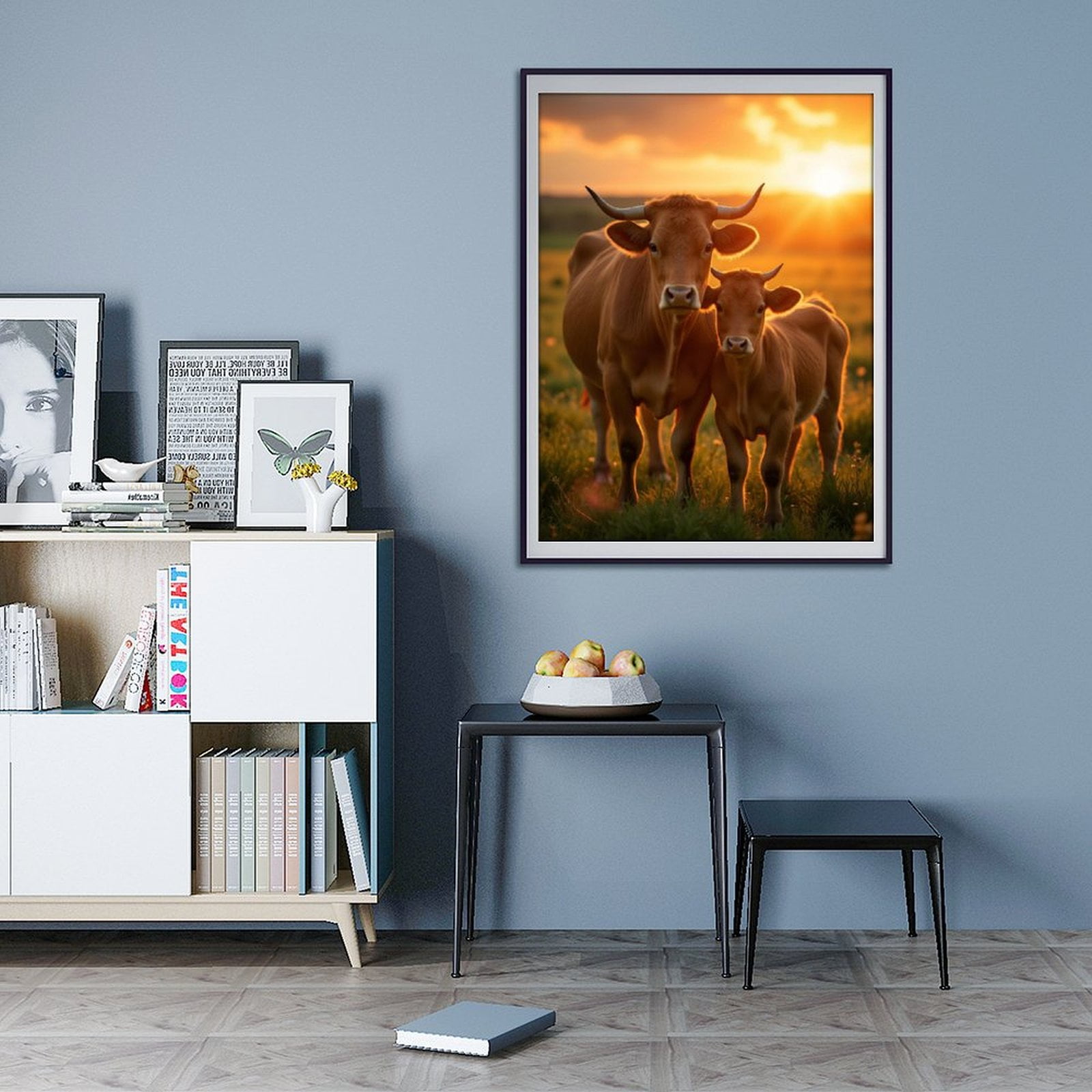 Diamond Art Kit for Adults, Sunset Pasture Cows Family Diamond Painting for Adults Beginners, DIY Diamond Art Painting Kits, 5D Diamond Painting Crafts for Home Decor 12x16 Frameless