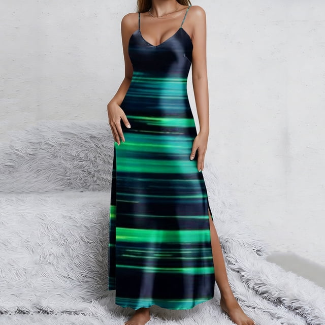 Elvqul Robes pour Femmes Été Robes Maxi Bretelles Spaghetti Col en V Fluides Vacances Sans Manches Robes Caraco pour Femmes