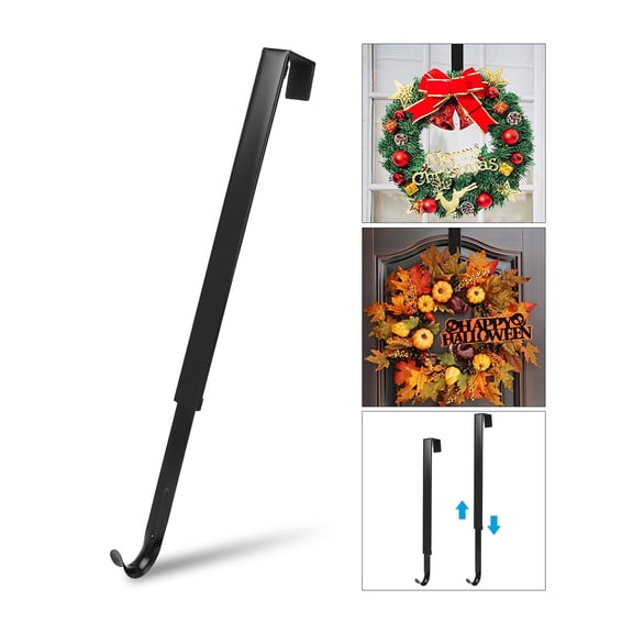 TSV Adjustable Wreath Hanger for Front Door, 15–25 Inch Heavy Duty Door Hook, 20 lbs Capacity Wreath Holder for Christmas, Fall, Easter & Spring Decorations, Black