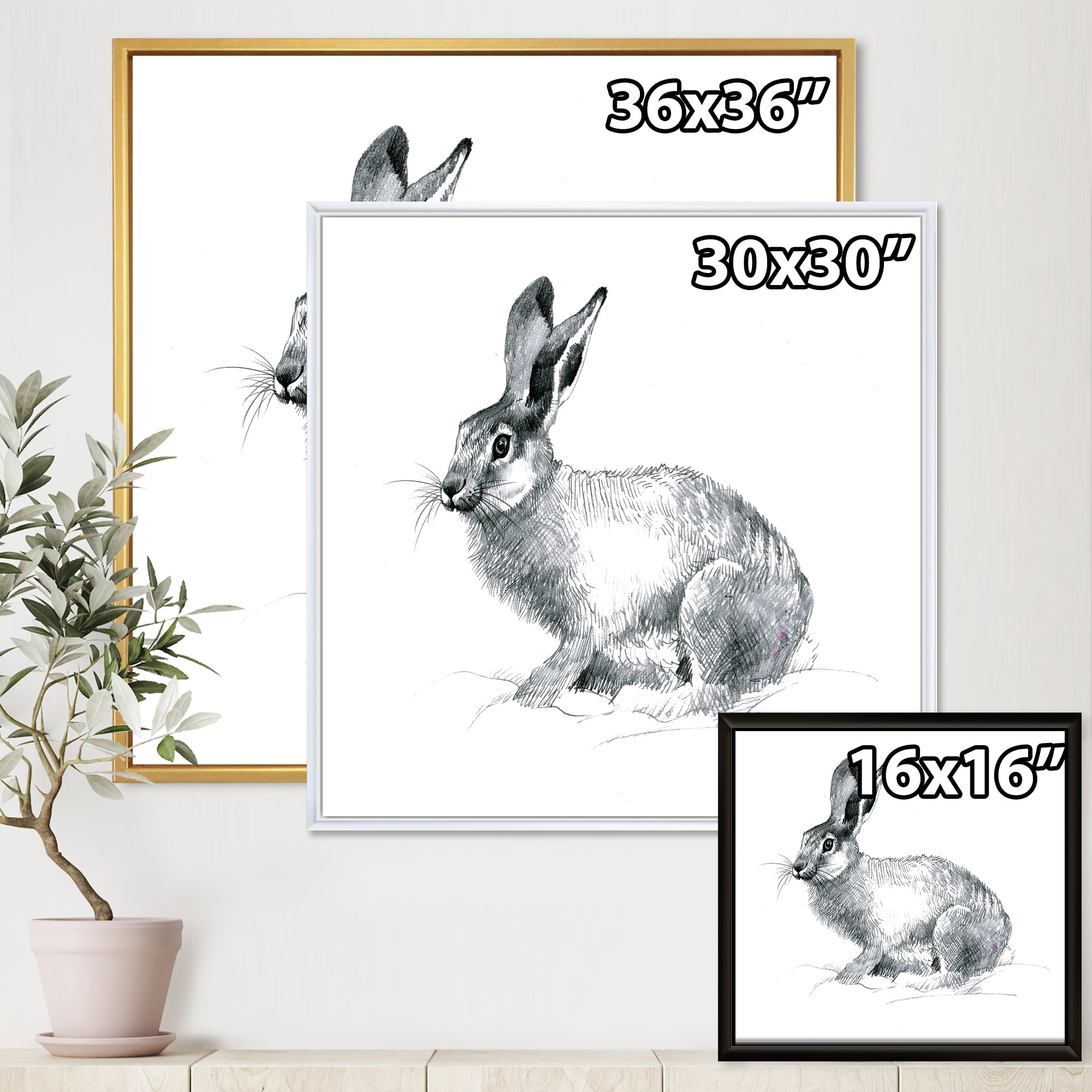 Designart 'Black and White Portrait Of Rabbit' Farmhouse Framed Canvas Wall Art Print