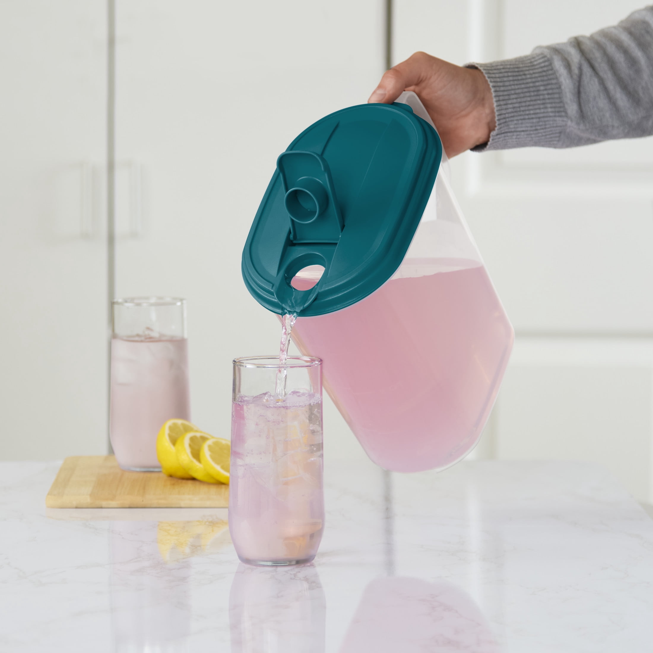 (2 pack) Mainstays 1 Gallon Oval Pitcher, Freezer- and Dishwasher-Safe, Durable Food-Safe Plastic, BPA-Free, Teal Lid