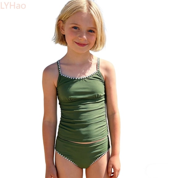 LYHao Girls Swimsuit Solid Color Contrast Trim Swimwear 2 Piece Bathing Suit Padded Swimsuits For Teens 8 14Y,2 Piece Swimwear Sets 10-11 Years Green