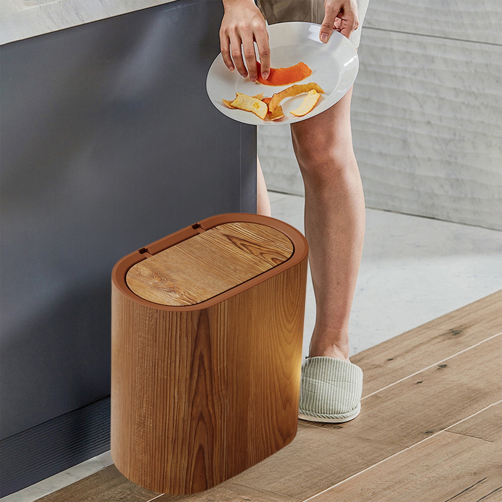 Plastic Wood Pattern Trash Can Small Garbage Bin with Lid for Bathroom Narrow Wastebasket Modern Wastebasket for Home Indoor Hotel, 6x11x11in
