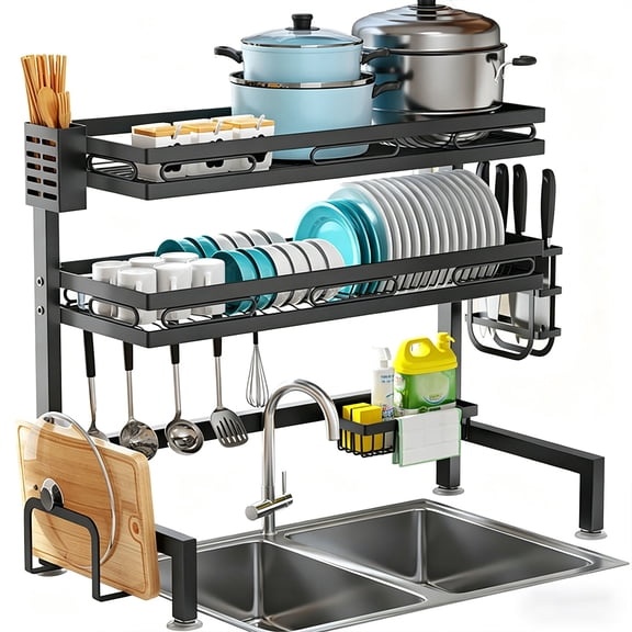 Liwantech Over Sink Dish Drying Rack, 2 Tier Rustproof Kitchen Over Sink Shelf with Utensils Holder and Dish Storage Basket for Dishes, Glasses, Bowls & Cutlery Black