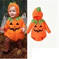 thumbnail image 2 of Baby Toddler Kids Pumpkin Long Sleeve Zipper Hooded Pumpkin Bodysuit Unisex Halloween Outfit Dress up Party Clothes Size 6-24 Months, 2 of 9