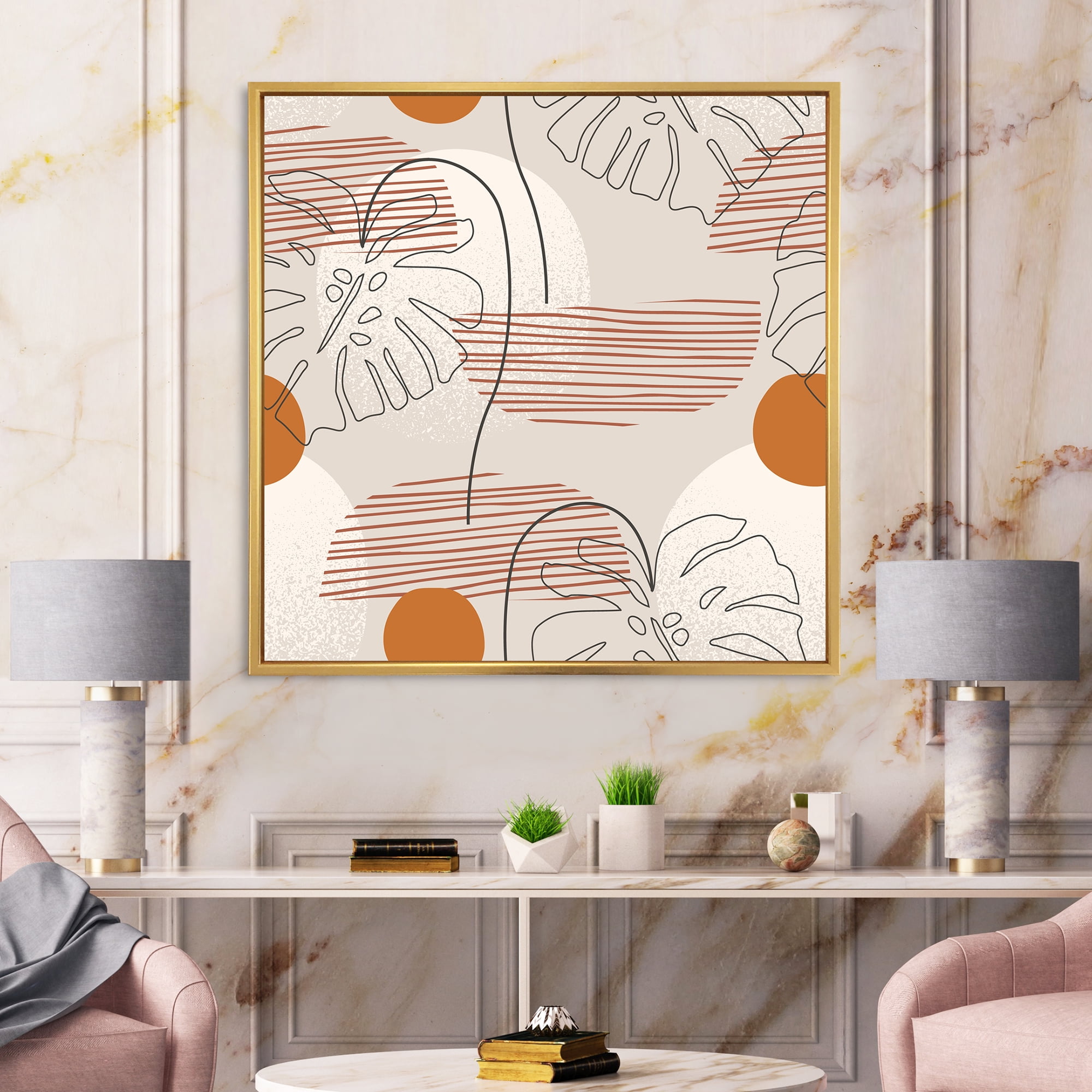 Designart 'Abstract Monstera Leaf and One Line Art Shapes' Modern Framed Canvas Wall Art Print
