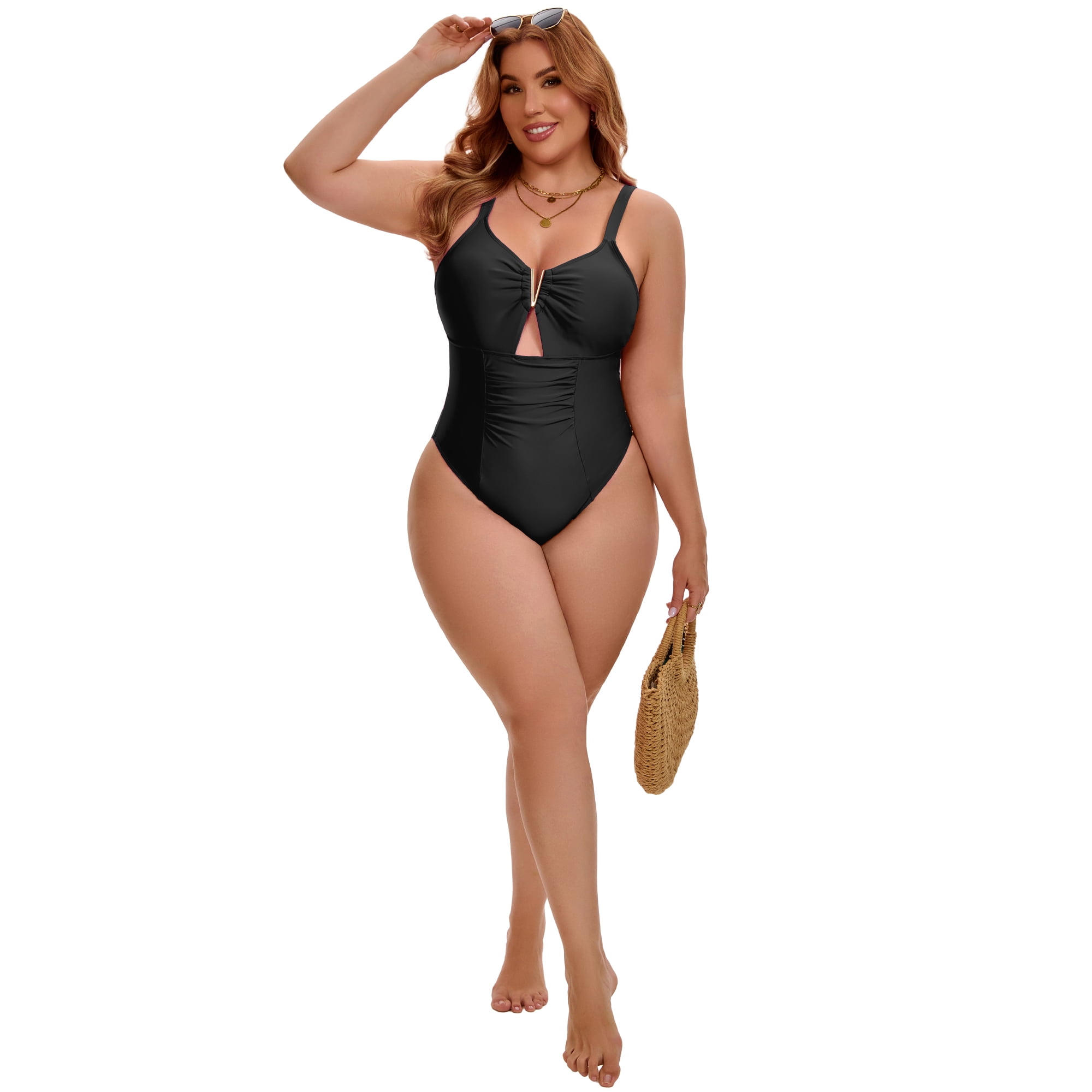 DARING DIVA Women's Plus 1 Piece V-Wire Cutout Push Swimsuit L Black