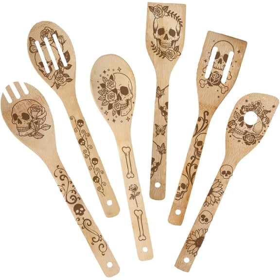 6Pcs 6 Styles Cooking Utensils Bamboo Kitchen Spoons 2.4 x 11.8 Inch Durable Wooden Spoon Set