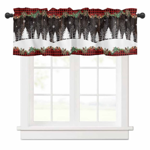 Black Red Christmas Valances for Windows Winter Snowflakes Tree Xmas Garland Plaid Rod Pocket Curtain Valance Window Treatment Short Curtains for Kitchen Living Room, 60"x14"