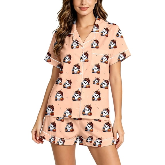 Soft Smooth Milk Silk Halloween Pajamas for Women Adorable Pumpkin Ghost Graphic Lapel Short Sleeve Two Piece Set Loose Casual Shorts Loungewear All Season Nightwear