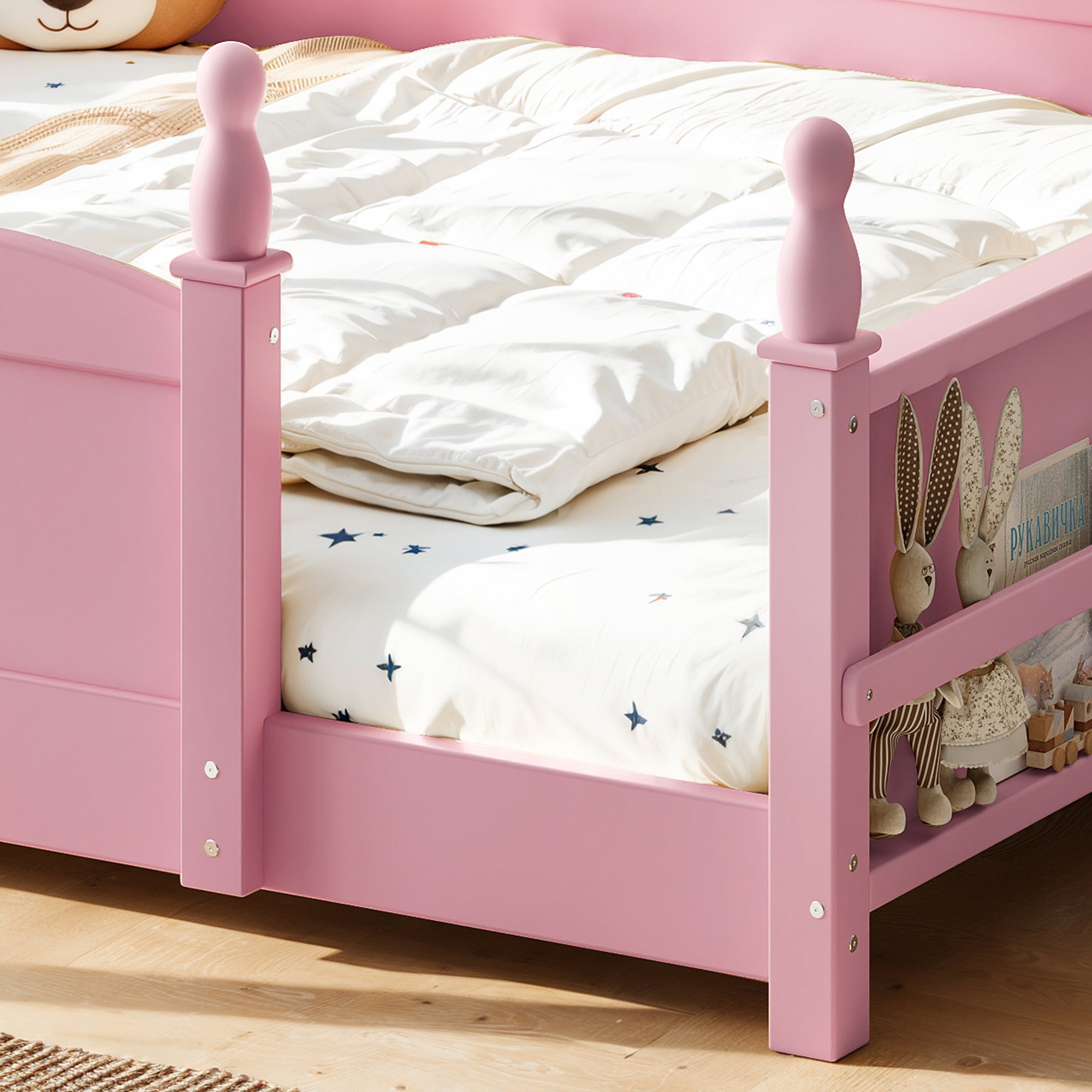 Montessori Full Floor Bed with Full-Length Guardrails and Bookshelf, Low Profile Kids Bed with Childlike Design, Pink