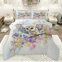 Castle Fairy Flying Owl Queen Comforter Set,Colorful Flowers Bedding Comforter Set