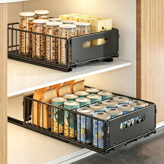Organizador de Gabinete Extraíble 2 Piezas, Organizador de Debajo del Fregadero Ajustable, Cajones Deslizables con Nanopelícula Adhesiva, para Cocina, Despensa, Baño