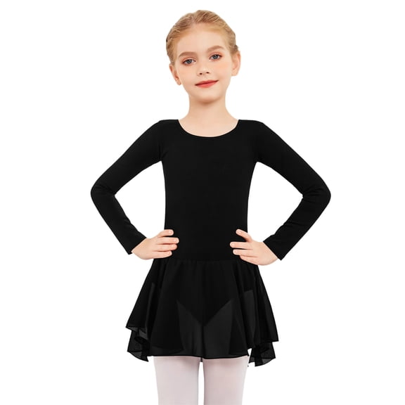 Girls Long Sleeve Ballet Dance Dress Leotard for Kids Skating Gymnastics Performance Practice Skirted Outfit