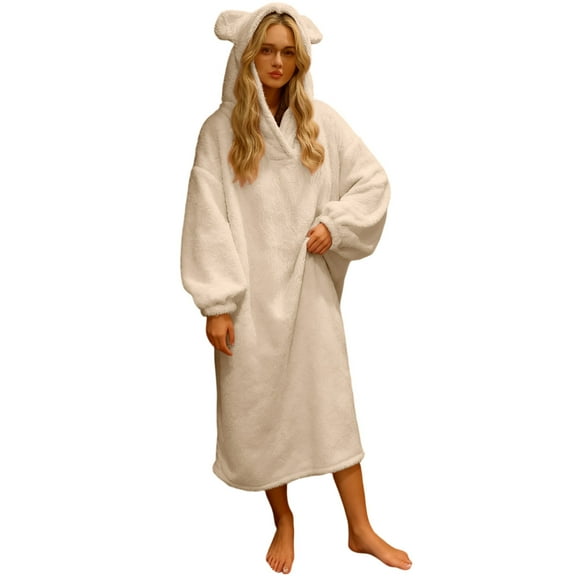 Hvot&aat Women's Flannel Hooded Nightgown Thicken Warm Loungewear Pjs Cute Plush Nightdress