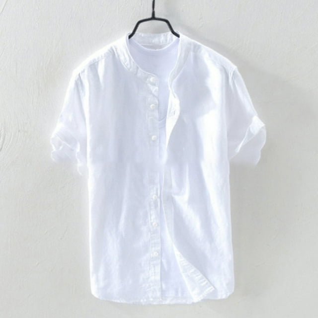 Men Short Sleeve Linen Collarless Soft Dress Shirts Casual Loose