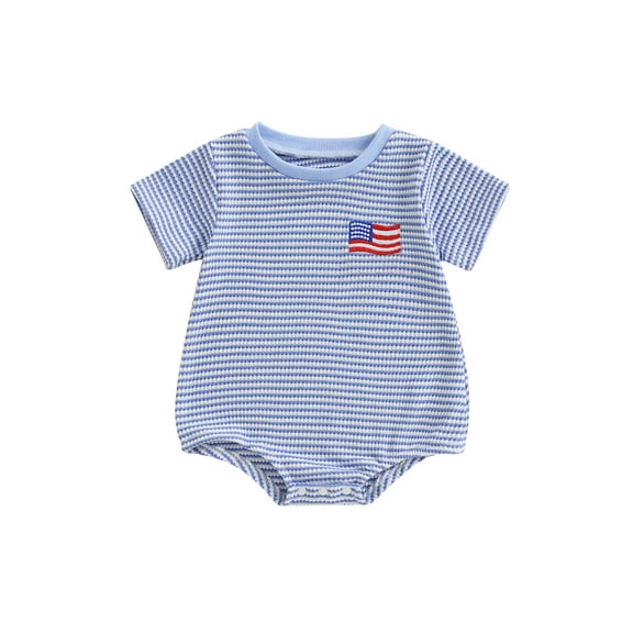 BemeyourBBs Newborn Baby Boys Girls 4th of July Outfit Waffle Knit Bubble Romper Patriotic Flag Embroidery Striped Print Short Sleeve Bodysuit Baby Infant Summer Clothes