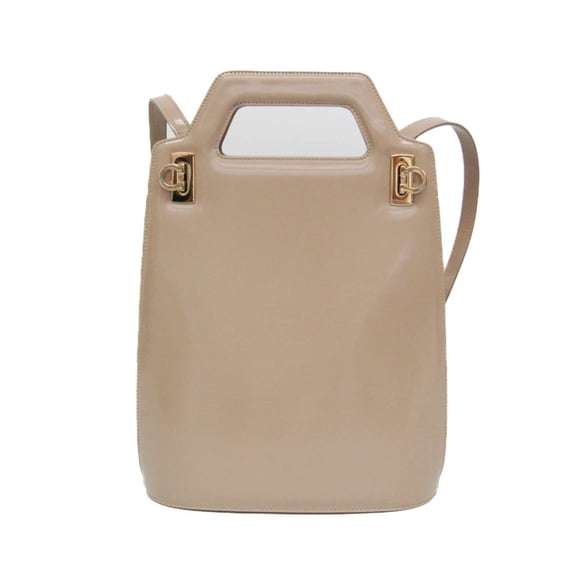 Pre-Owned Salvatore Ferragamo Gancini DH-21 3483 Women's Leather Handbag,Shoulder Bag Pink Beige