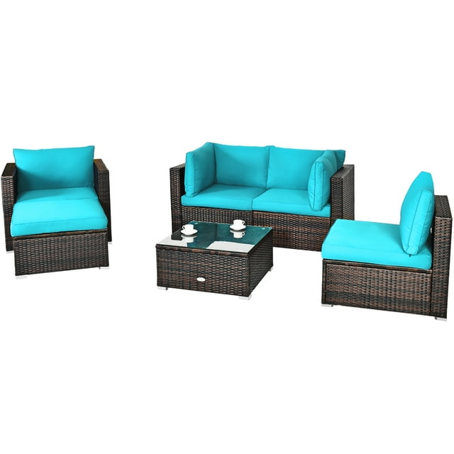 Patiojoy Ensemble de Mobilier de Patio en Rotin 6 Pcs Canapé, Chaise et Ottoman Coussinés Turquoise