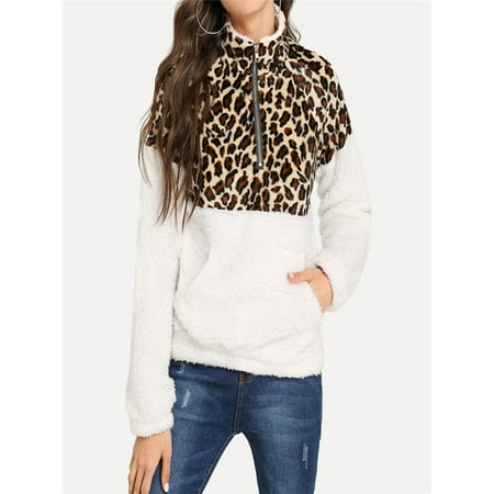 Fuzzy Leopard - Women's Long Sleeve Fleece Sweatshirt Warm Zip Leopard Fuzzy Hoodie Pullover