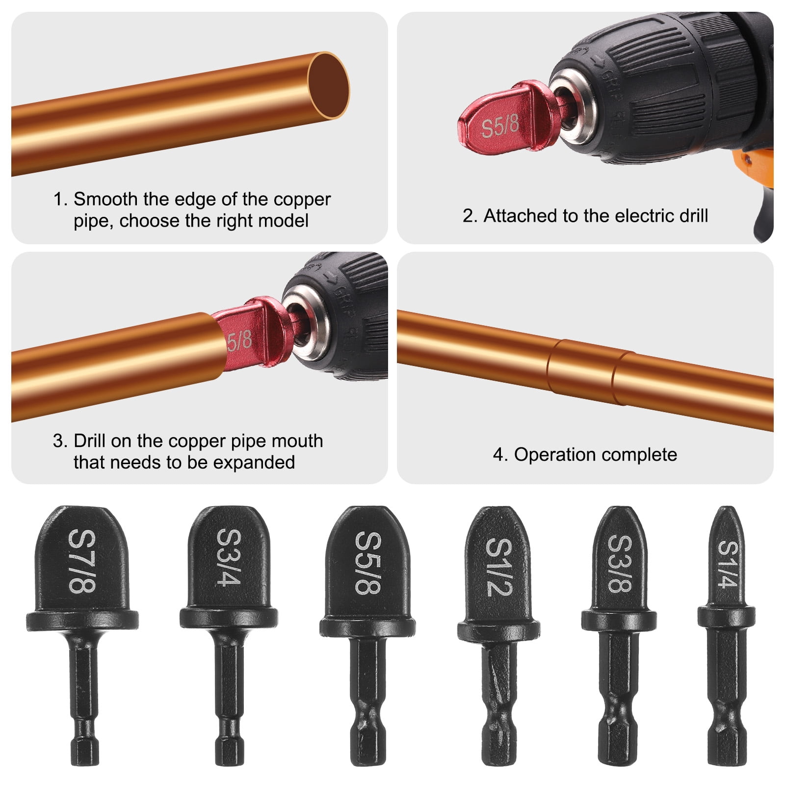 12Pcs Swaging Tool Drill Bit Set HVAC Repairing Flaring Tool Tube Expander Hex Shank with 1/4" 3/8" 1/2" 5/8" 3/4" 7/8" for Copper Aluminum Pipe