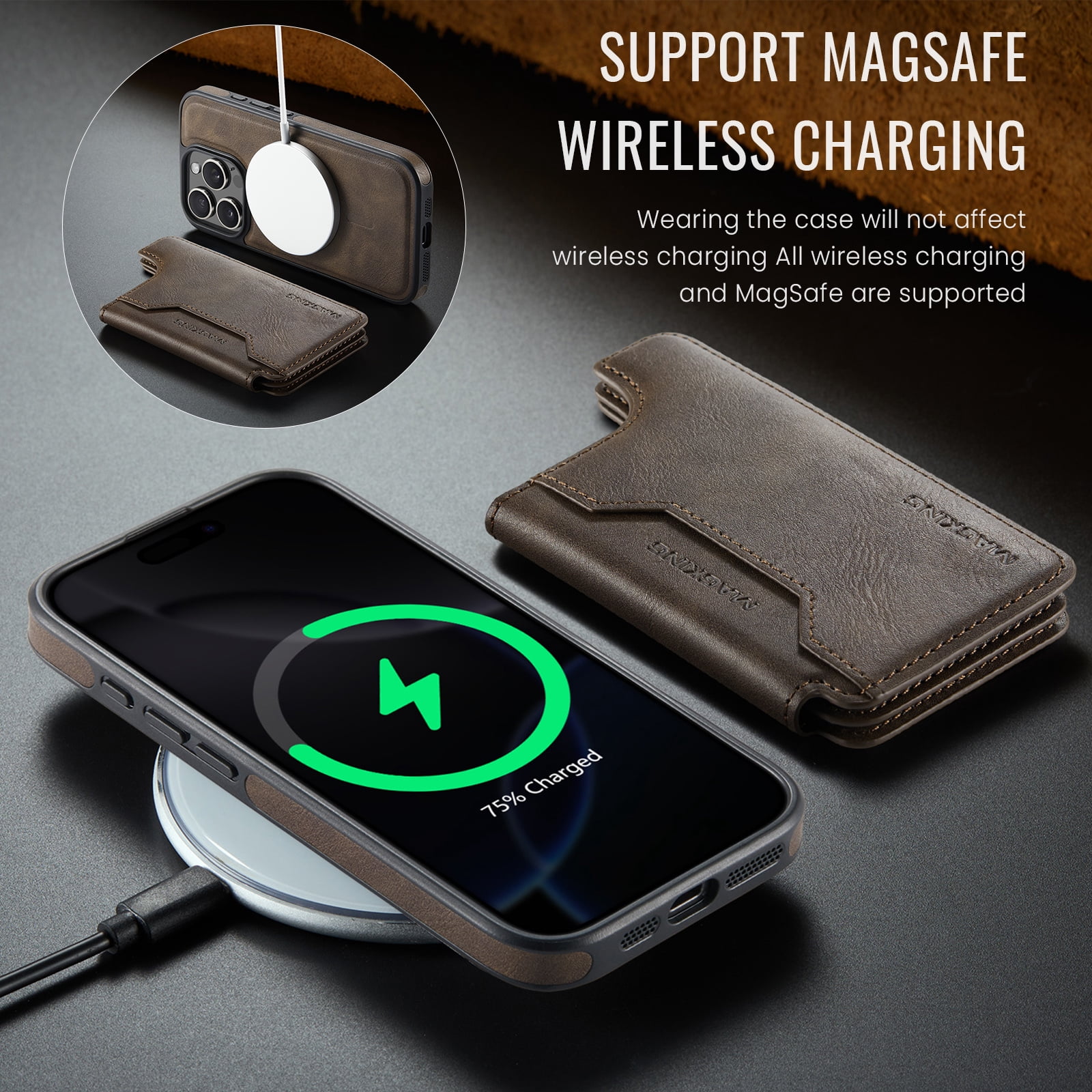 Designed for iPhone 16 Pro Max Wallet Phone Case,Magnetic Detachable Flip Card Holder,Back Flip Kickstand,Compatible with Mag-Safe,2-in-1 PU Leather Heavy Duty Shockproof Phone Case,Coffee
