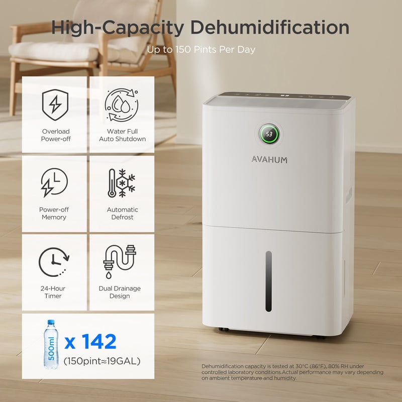 150 pt. 5000 sq. ft. Dehumidifier with Pump, 3-Modes, 24-Hour Timer, and Auto Defrost