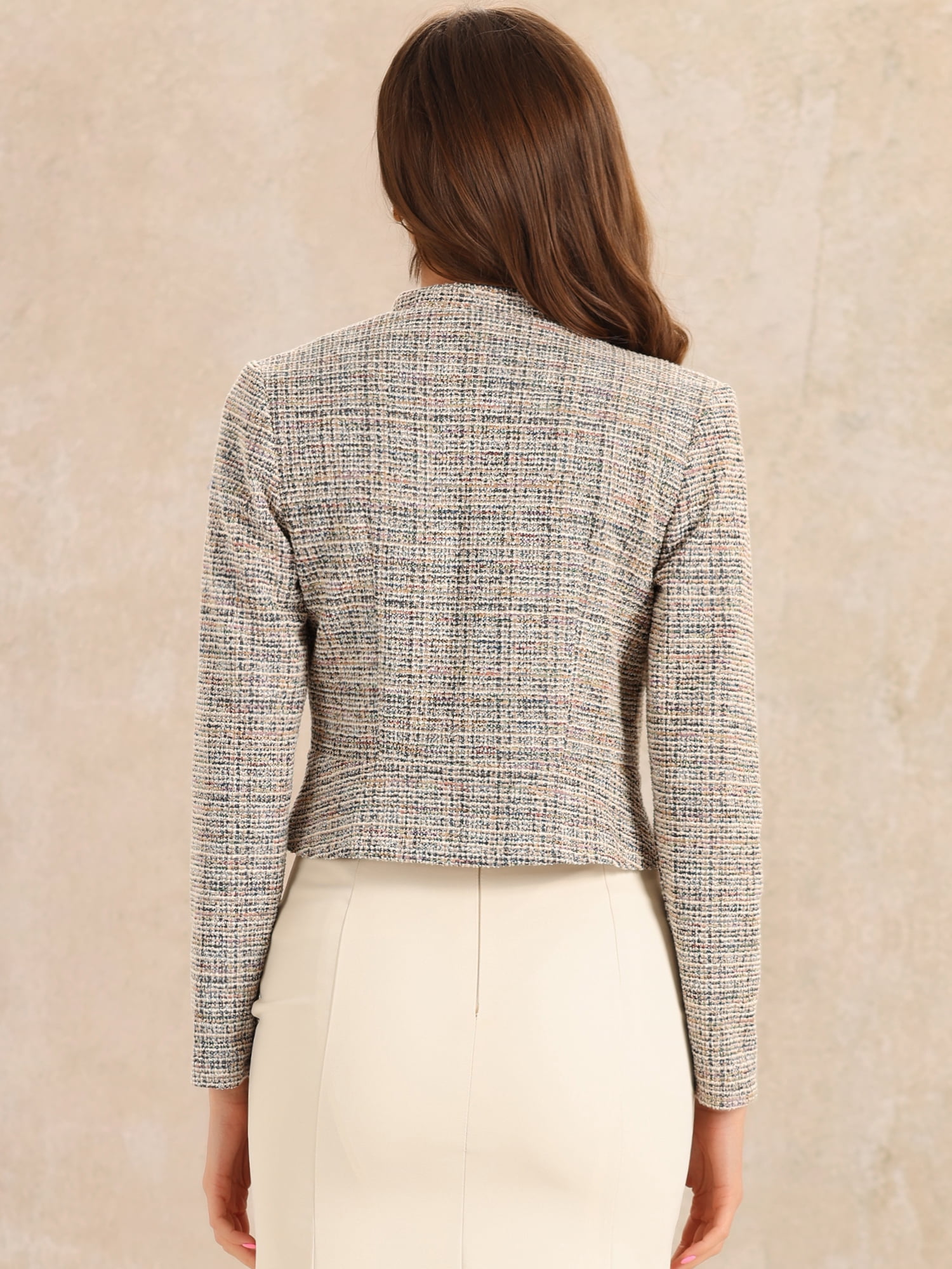 DARING DIVA Women's Elegant Stand Collar Business Plaid Tweed Blazer S Apricot