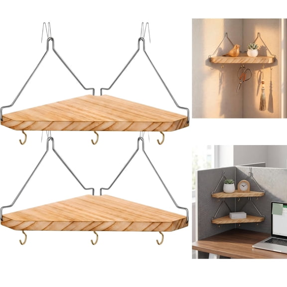 2-Pack Fabric & Wood Corner Shelf with Hooks, Wall-Mounted Cubicle Storage for Desk & Office Decor