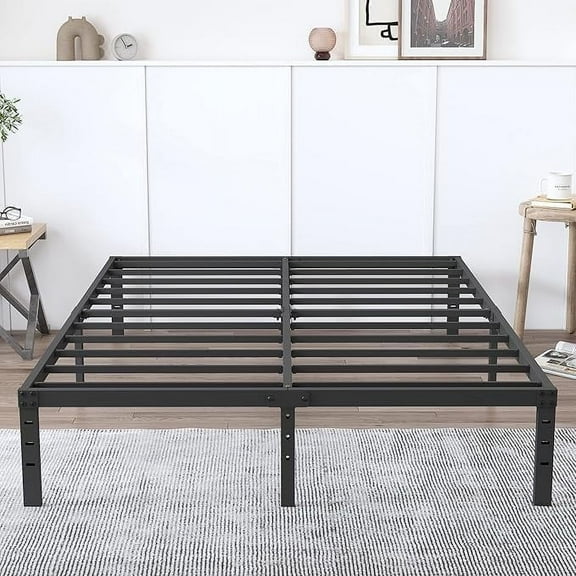 Smiaoer Queen Size Metal Bed Frame with Storage Space – Heavy Duty Platform, No Box Spring Needed, Black
