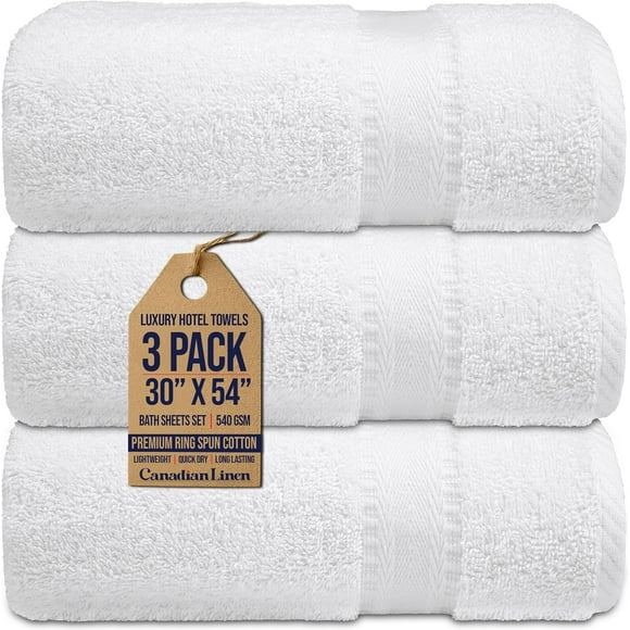Canadian Linen Bath Sheets, 30"x54", 3 Pack, Soft Absorbent Cotton Lightweight Quick Dry Bath Sheets for Hotel, Spa, Salon, Barbers, Gym, Pools, White