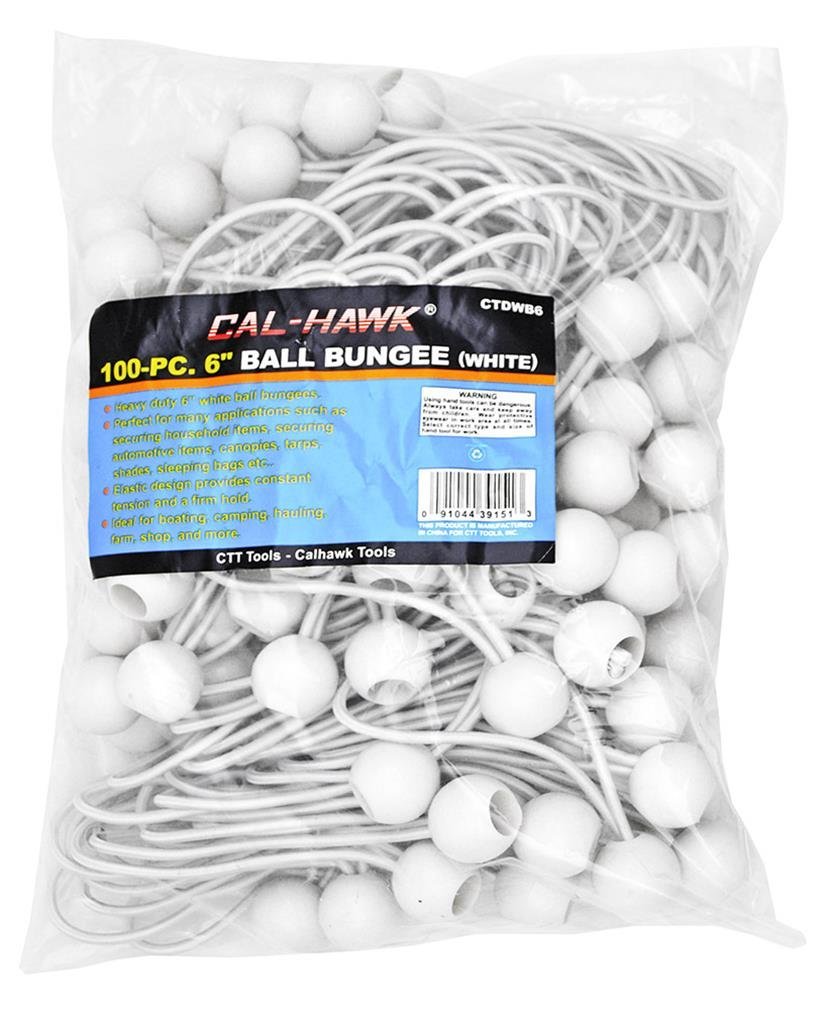 White 6 Cal Hawk Tools CTDWB6 Ball Bungee Canopy Tarp Tie Down Cord 100 Pack