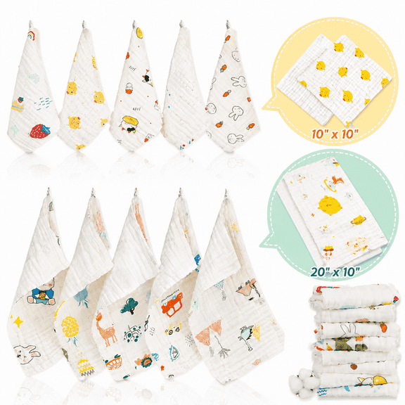 ChrumpTon 10 Pack Muslin Burp Cloths, 2 Sizes (20" x 10" & 10" x 10"), 100% Cotton, 6-Layer, Soft & Absorbent Baby Burp Cloths for Newborns